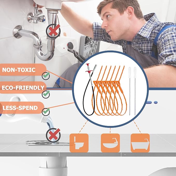 35.5inch Drain Clog Remover(1pcs), 25inch Drain Snake Hair Remover(6pcs) & Cleaning Brush(2pcs), Hair Catcher Drain Auger Cleaner Tool Set For Toilet, Kitchen Sink, Bathroom Tub, Sewer, 9 Pack