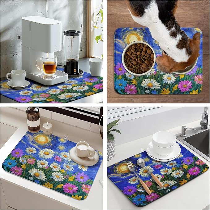 Spring Summer Daisy Floral Dish Drying Mats Spring Flowers Dish Mat Drying Matt Starry Sky Dishes Dryer Pad for Kitchen Counter Absorbent Microfiber Washable Foldable Reusable 18x24 in