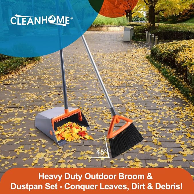 CLEANHOME Heavy Duty Outdoor Broom and Dustpan Set with Long Handle | Long Handle, Standing Dustpan & Split-End Bristles for Patio, Garage, Deck, Leaves Debris Cleaning