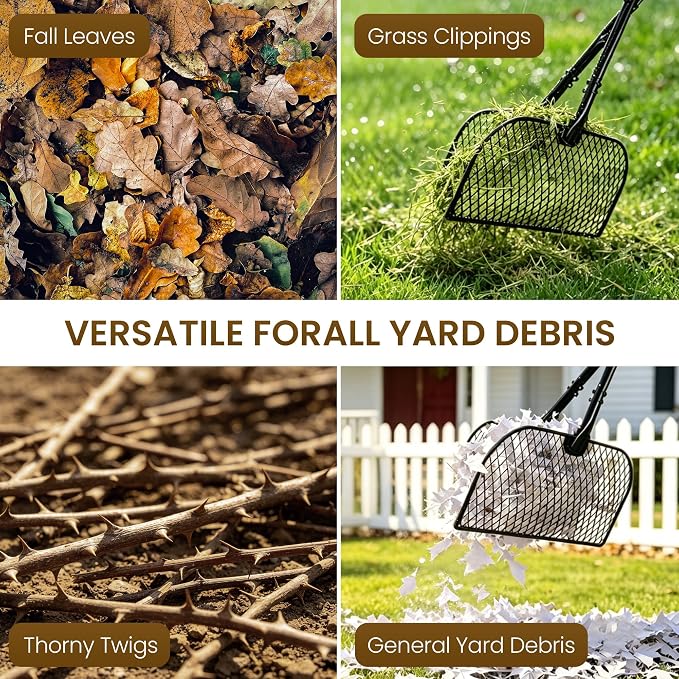 Leaf Grabber Rake with Long Handle - Heavy Duty Metal Leaves Collector & Yard Waste Picker Upper - Ergonomic Lawn Grabbers & Scoops for Grass, Debris, Twigs - No-Bending Yard Clean Up Tool
