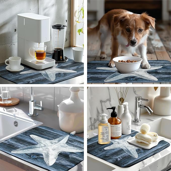 Summer Starfish Dish Drying Mat for Kitchen Counter Navy Blue Microfiber Absorbent Dish Drainer Rack Mats Coastal Ocean Themed Kitchen Sink Dishes Pad 18 X 24 Inch