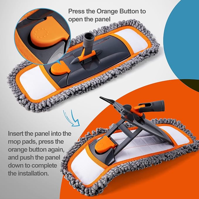 CLEANHOME Mops for Floor Cleaning with 3 Different Washable Pads and Extendable 55” Long Handle, Multifunction Dust Mop for Hardwood,Marble,Tile Floor Mopping,Orange