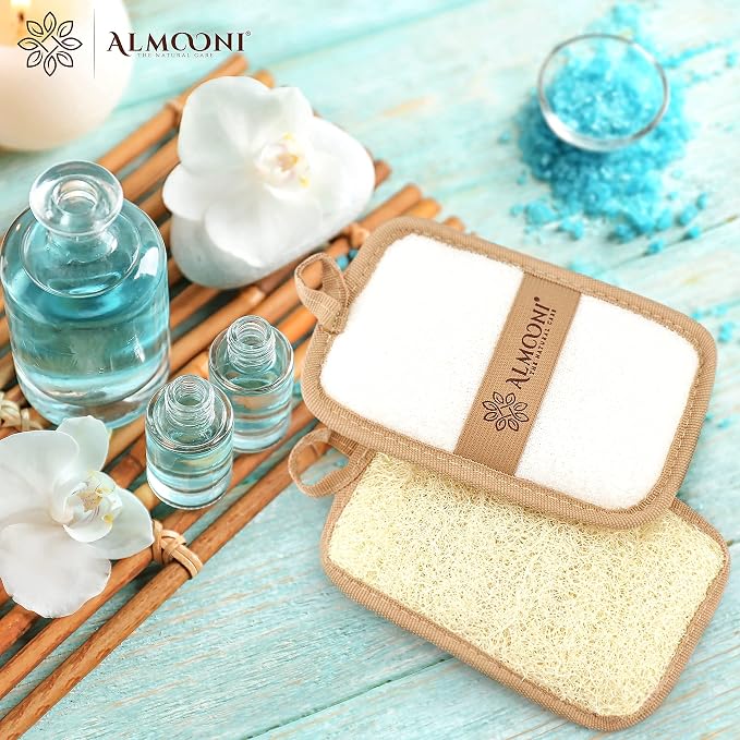 Almooni Premium Egyptian Exfoliating Loofah Pad Body Scrubber - Rectangular loofa Shape - Made with Natural Egyptian Shower lufa Sponge that Gets You Clean, Not Just Spreading Soap (2 Pack)