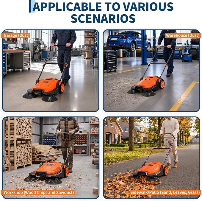 Professional Walk-Behind Push Floor Sweeper, 25.6" Manual Non-Electric Sweeper with Large Capacity Dustbin,Adjustable & Foldable Handle
