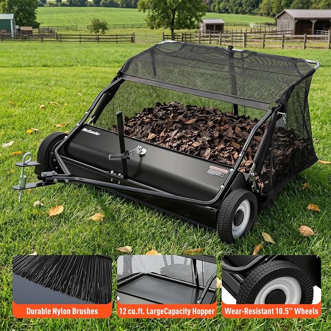 MAXLANDER 42-Inch Tow-Behind Lawn Sweeper with 12 Cu.Ft. Hopper, Adjustable Brush Height, Pull Behind Leaf & Grass Collector for Lawn Tractors