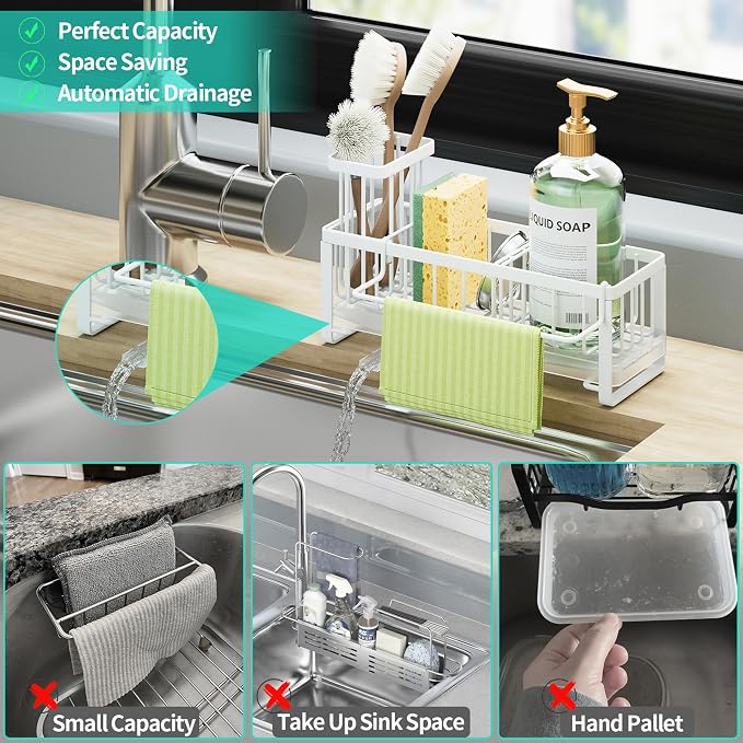 HapiRm Sponge Holder for Kitchen Sink - Self-draining Sink Caddy with Brush and Dishcloth Holders, Stainless Steel Kitchen Organizer for Countertop - White