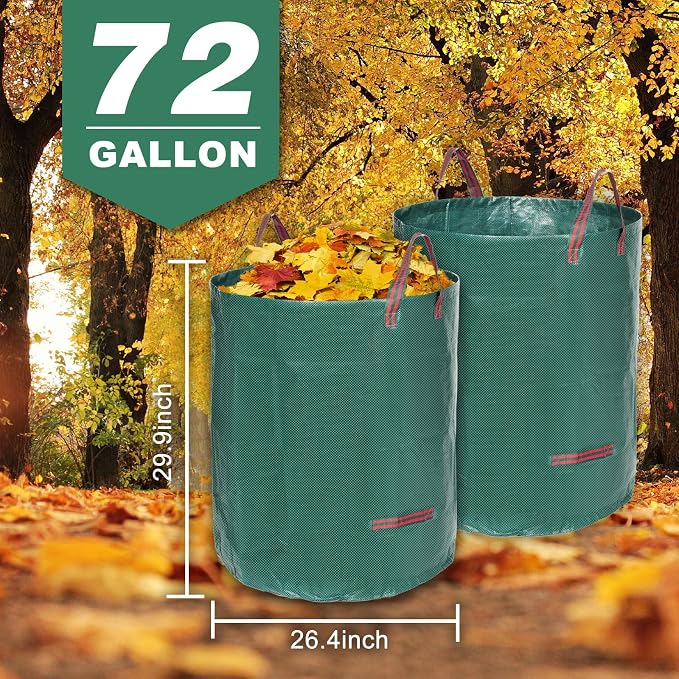 72 Gallon 3 Pack Reusable Yard Waste Bags for Lawn & Garden | Heavy duty, Standable lawn bags, With 4 handles, Includes gloves, Ideal for leaves, Grass clippings, Camping, and recycling