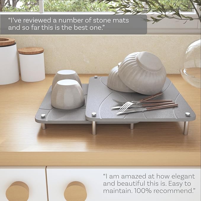 Nested Dish Drying Stone Mat with Bamboo Rack | Large 16"x12" Dish Drying Mat plus 13"x12" Diatomaceous Earth Stone Mat | Expands to 29โ x 12โ | Premium Stone Mat for Kitchen Counter (Light Gray)