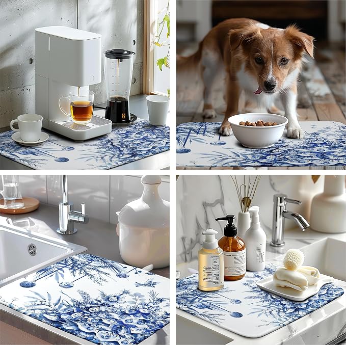 Christmas Tree Dish Drying Mat for Kitchen Counter 18x24 Inch Blue White Chinoiserie Winter Xmas Holiday Drying Mats Microfiber Absorbent Dish Draining Reusable Dish Drainer Pad