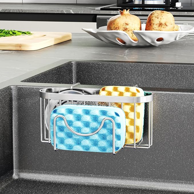 HapiRm Sponge Holder for Kitchen Sink - Rustproof Hanging Kitchen Caddy for Double-Bowl Sink, Center Divider Width Less Than 1.5in- Silver