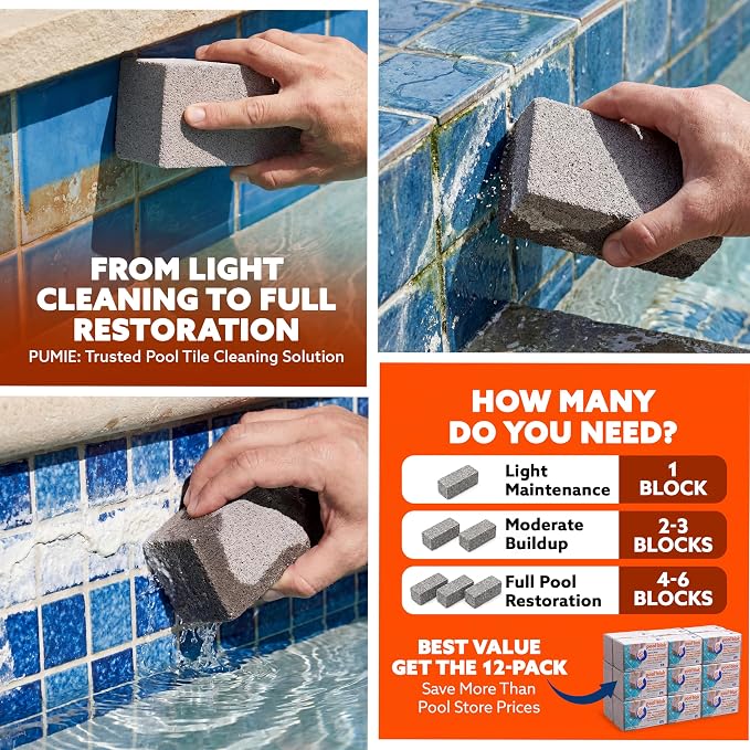 Pumie 2-Pack Pumice Stone for Pool Tile Cleaning - Calcium Remover for Tile & Plaster Stain - Cleaner for Calcium Build Up - Grout & Concrete Scouring - Pool Blok PB-12-5.75x2.87x2.87