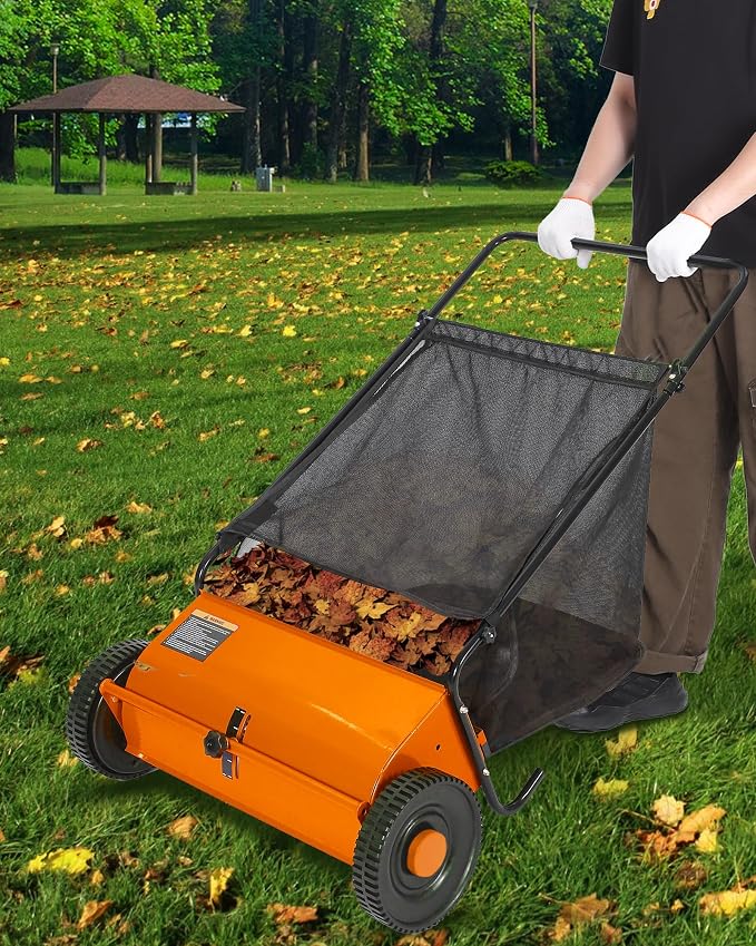 Garvee 26" Push Lawn Sweeper, Heavy Duty Walk Behind Leaf Collector | Yard Sweeper for Outdoor, Patio, Driveway, Garden Grass Sweepers, 4 High Speed Spinning Brush, 7 Cu. ft Hopper Capacity