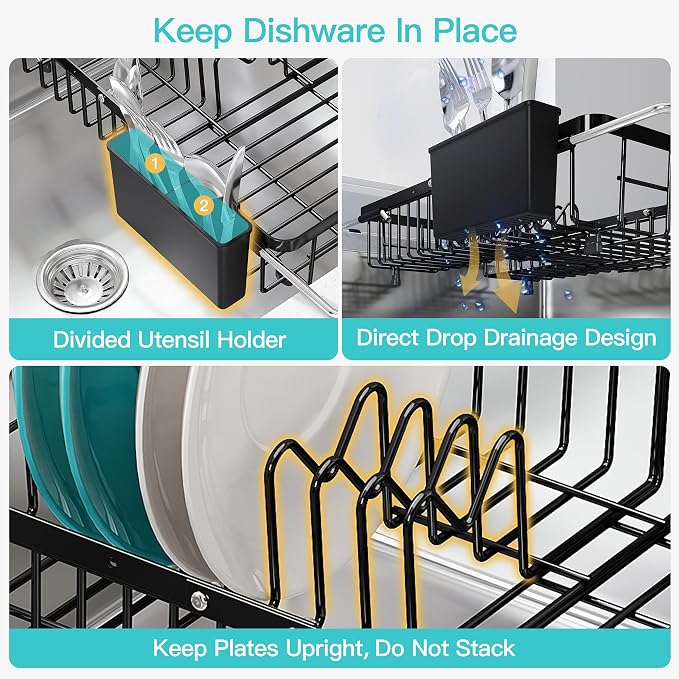 JASIWAY Expandable Stainless Steel Black Over The Sink Dish Drying Rack for Small Kitchen Counter Space Saving, Compact Plate Drainer Strainer, Adjustable Hanging Metal Dish Dryer with Utensil Holder