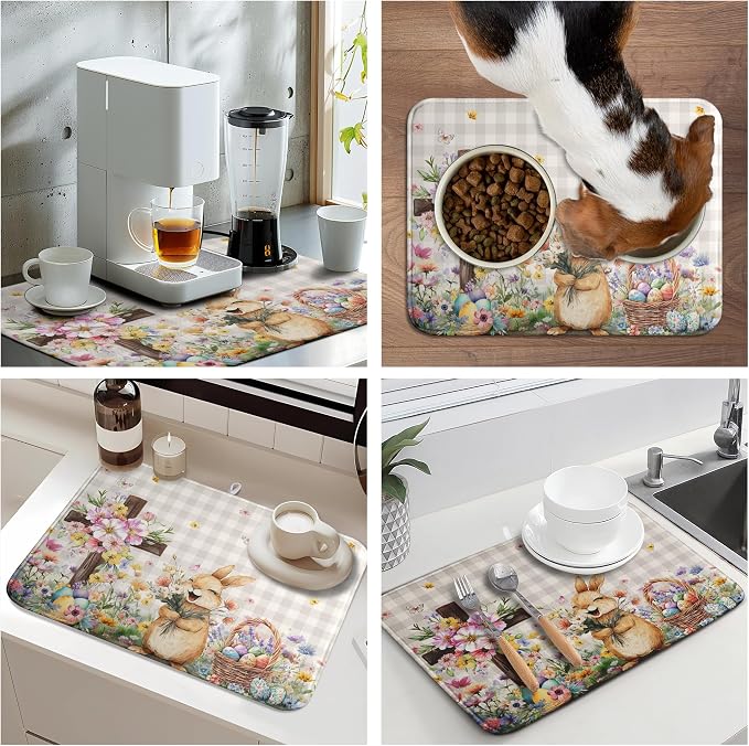 Easter Bunny Dish Drying Mats Spring Floral Dish Mat Easter Cross Eggs Drying Matt Dishes Dryer Pad for Kitchen Counter Absorbent Microfiber Washable Foldable Reusable 18x24 in