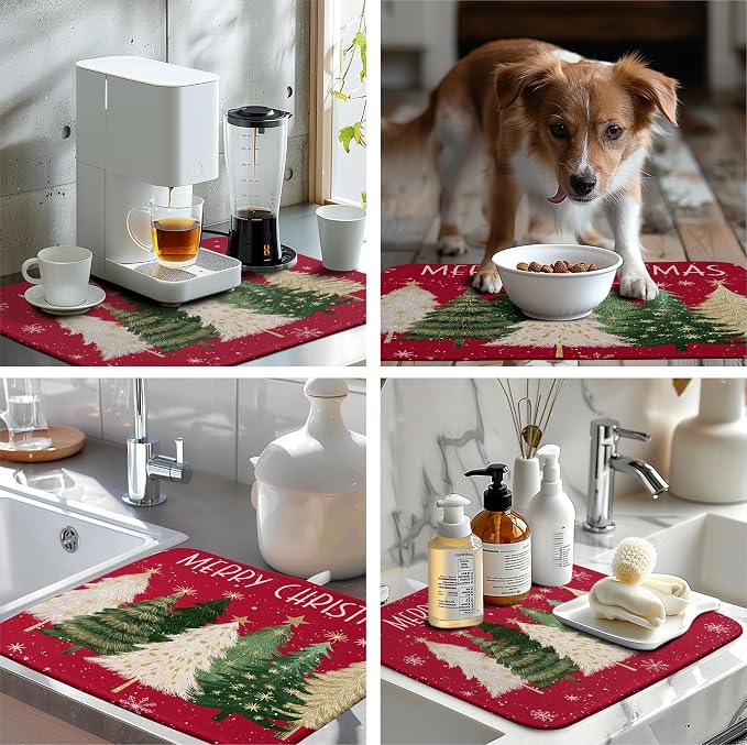 Merry Christmas Dish Drying Mat for Kitchen Counter 18x24 Inch Red Xmas Tree Snowflakes Drying Pad Winter Holiday Absorbent Microfiber Dish Draining Reversible Dish Drainer Rack Mat