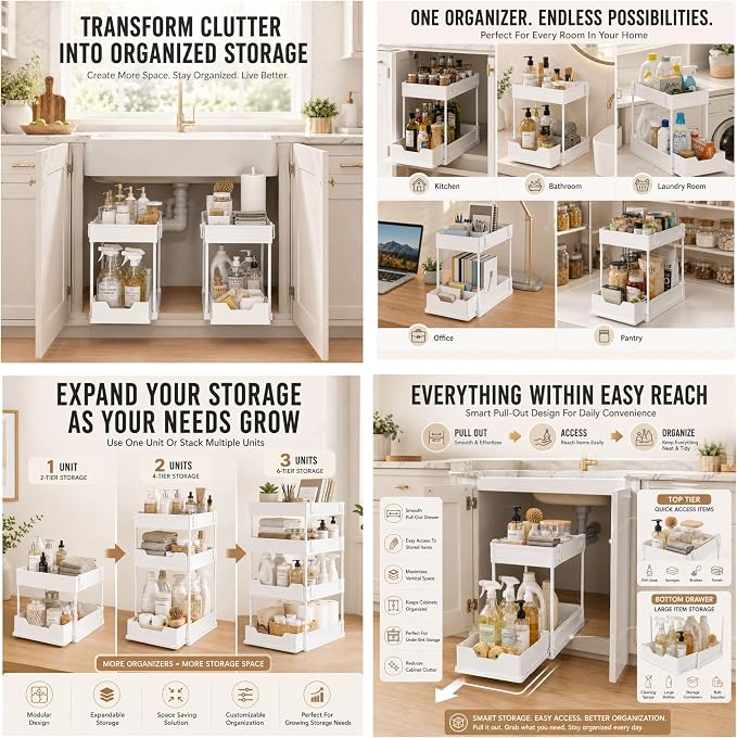 Under Sink Organizer, 2 Tier Pull-Out Storage Organizer with Sliding Drawer & Hooks, Multi-Purpose Cabinet Organizer for Kitchen, Bathroom, Pantry, Laundry Room & Office, White