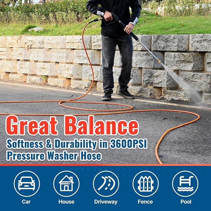 YAMATIC Heavy Duty Pressure Washer Hose 25 FT 1/4", 3600 PSI M22-14mm | 2x Wear-Resistant For Home Car Wash Driveway Patio Clean, Replacement For Ryobi Troy-Bilt Greenworks Craftsman