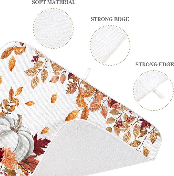 Fall Dish Drying Mat 18x24 Inches For Kitchen Counter Orange White Pumpkin Leaves Kitchen Decor Drying Mat Decorative Autumn Thanksgiving Drying Pad for Home Kitchen,Dining Room Decoration