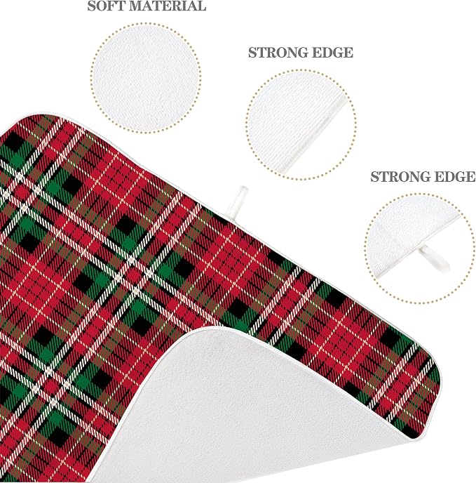 Christmas Drying Mat 18x24 Inches For Kitchen Counter Winter Red Green Buffalo Plaid Kitchen Decoration Drying Mat Decorative Pad for Kitchen Dining Room Decor