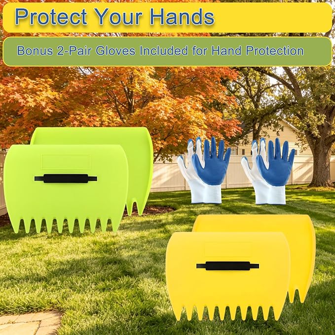 2 Sets Leaf Scoops Hand Rakes, Lightweight Plastic Leaf Grabbers | Paired with 2 pairs work gloves, ideal yard garden tool for collecting leaves, grass clippings and outdoor debris