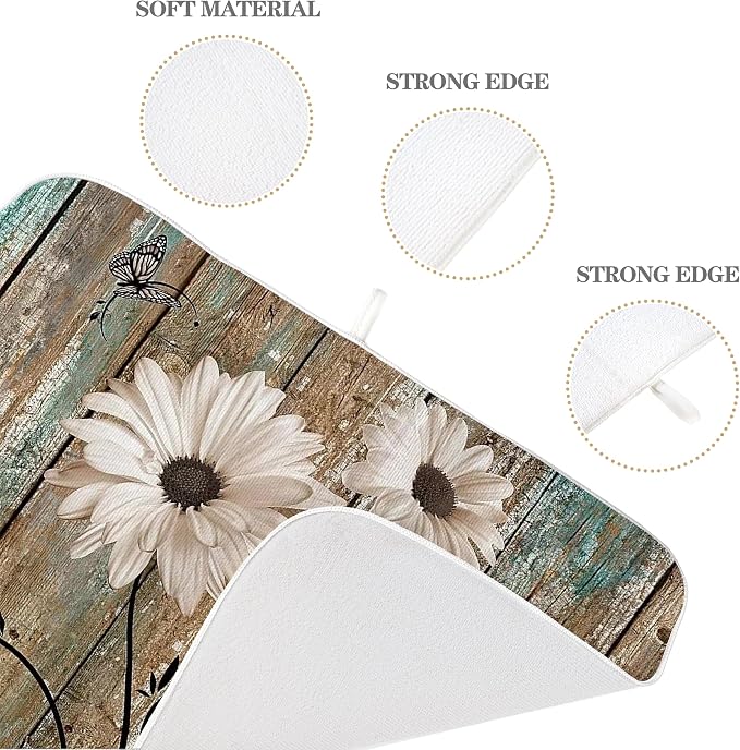 Floral Dish Drying Mat 18x24 Inches For Kitchen Counter Brown Daisy Flower Kitchen Decoration Drying Mat Decorative Floral Drying Pad for Kitchen Dining Room Decor