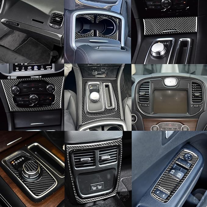 Real Carbon Fiber Trim for Chrysler 300 Accessories | for 2015-2023 300C 300S Limited/Touring Full Set Air Outlets Central Dash Window Lift Sticker Interior Thick Overlay Decal