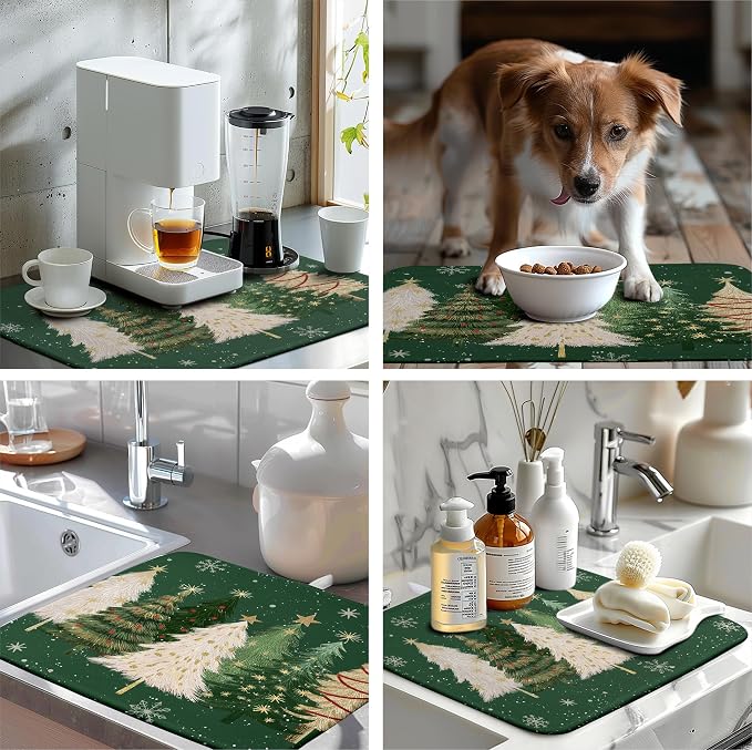 Green Christmas Tree Snowflakes Dish Drying Mat for Kitchen Counter 18x24 Inch Winter Xmas Holiday Dish Rack Mat Absorbent Microfiber Dish Draining Mat Reversible Drainer Pad