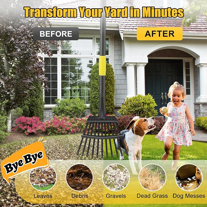 Leaf Rake: 8.5" Wide Heavy Duty Small Metal Garden Rake for Lawn Yard Garden Bed Leaves Debris Shrub Pine Needles Cleanup, 11 Metal Tines, Lightweight Kids Leaf Rakes, 72” Long Handle