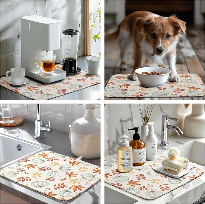 Fall Orange Maple Leaf Pumpkin Dish Drying Mat for Kitchen Counter Seasonal Autumn Thanksgiving Harvest Drying Mats Absorbent Microfiber Dishes Drainer Pad Holiday Dish Rack Mat 16x18 Inch
