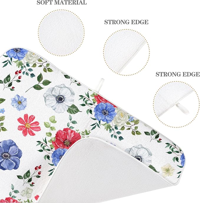 Blue Red Floral Dish Drying Mats 18x24 Inch Independence Day Flower Drying Mats 4th Of July Outdoor Decorations Absorbent Memorial Day Drying Dish Mats for Kitchen Dining Room Counter Decor