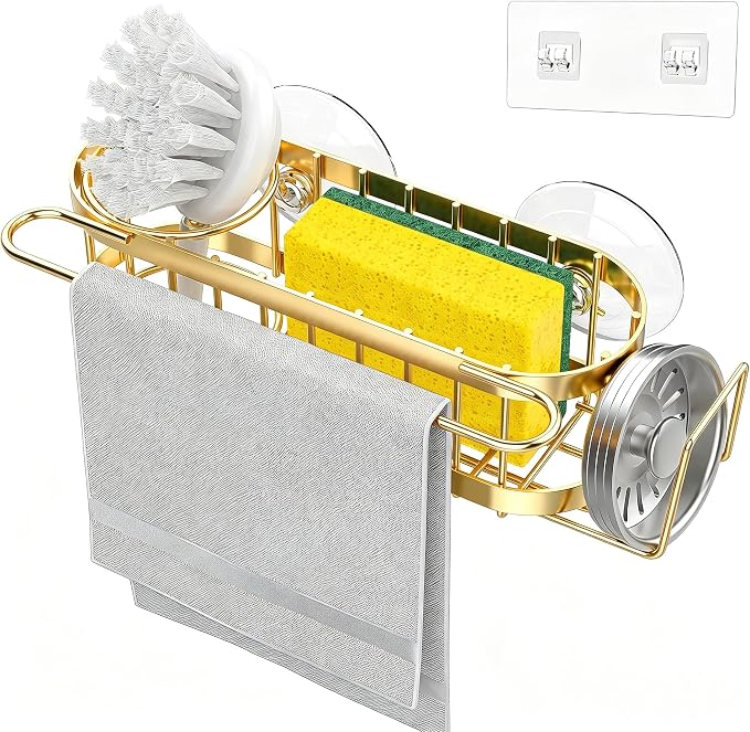 Cisily Kitchen Sink Caddy Sponge Holder in The Sink, Stainless Steel Kitchen Sink Organizer, Brush Holder, Dish Cloth Hanger, Sink Stopper Holder (Suction cup-Gold)