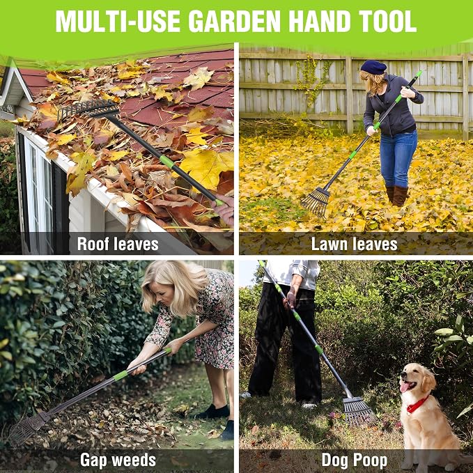 WORKPRO Rake, Small Rake for Leaves with 72” Adjustable Long Handle | 11 Steel Tines, Heavy Duty Metal Leaf Rakes for Garden, Lawn, Yard, Flower Bed, Narrow Rakes 9" Wide Head for Tight Spaces