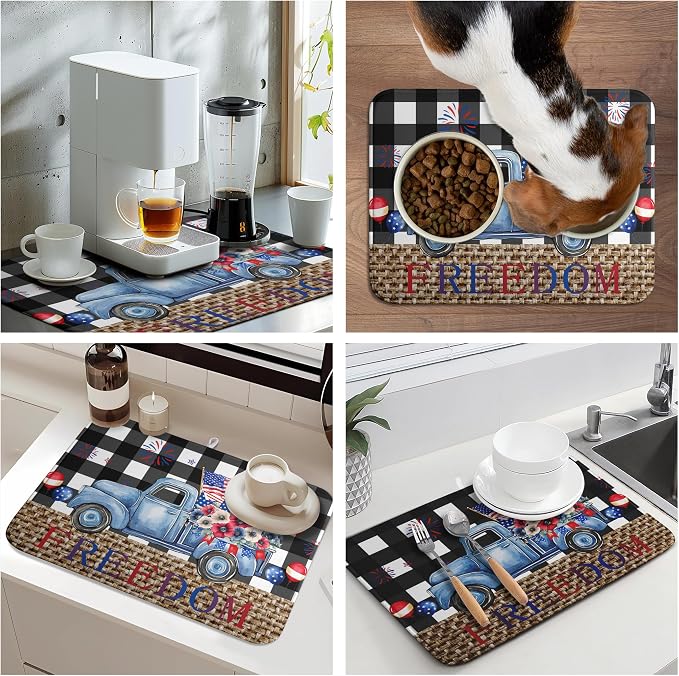 4th of July Buffalo Plaid Dish Drying Mat Patriotic Large Kitchen Mat Dish Drying Pad Absorbent Dish Dryer Mat for Kitchen Countertops Microfiber Drainer Pad Dish Drying Rack Mat (18x24 in)