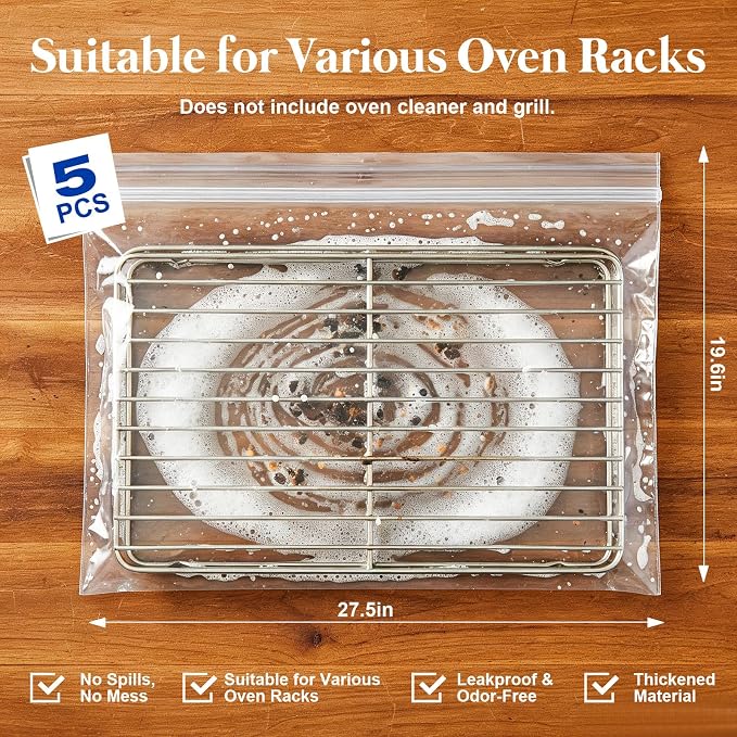 Oven Rack Cleaning Bags 19.6 x 27.5 Inch, 5 Pack | Heavy-Duty, No-Scrub Soaking, Side Zipper Opening, Reusable, Leak-Resistant