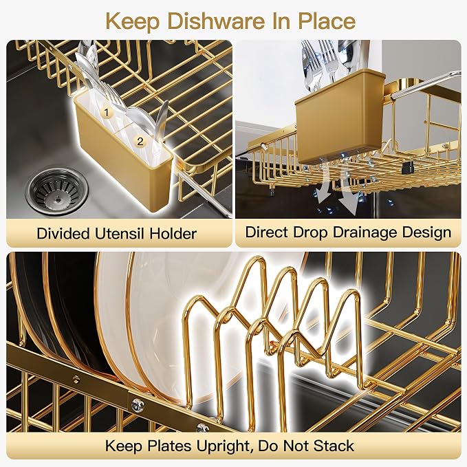 JASIWAY Expandable Stainless Steel Gold Dish Drying Rack Over The Sink for Small Kitchen, Counter Space Saving Compact Plate Drainer Strainer, Adjustable Hanging Metal Dish Dryer with Utensil Holder