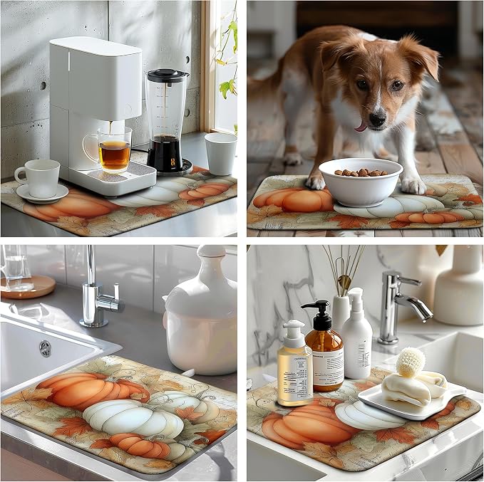 Fall Dish Drying Mats for Kitchen Counter Autumn Pumpkin Maple Leaf Vintage Drying Mats Thanksgiving Holiday Dishes Drainer Pad Microfiber Absorbent Reversible Dish Draining Mat 16x18 Inch