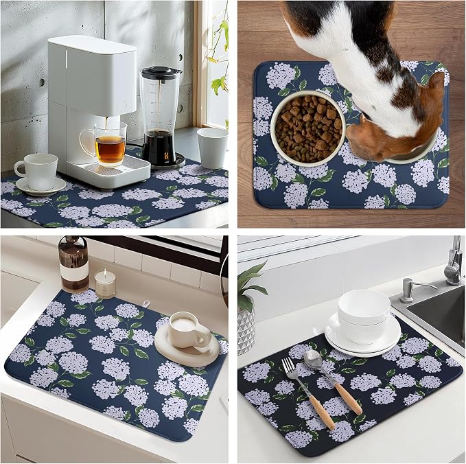 Navy Blue Hydrangea Dish Drying Mats Spring Summer Dish Mat Vintage Floral Drying Matt Dishes Dryer Pad for Kitchen Counter Absorbent Microfiber Washable Foldable Reusable 18x24 in