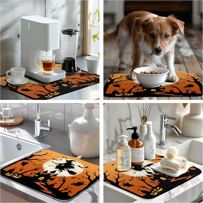 Halloween Dish Drying Mat for Kitchen Counter 16x18 Witch Castle Bats Ghost Drying Pad Orange Black Fall Holiday Dishes Drainer Mat Absorbent Microfiber Kitchen Countertop Protector Dish Mat