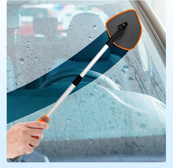 XINDELL Interior Windshield Cleaner Tool, Car Window Cleaning Kit with 4 Reusable Microfiber Pads, Extendable Handle & 360° Rotating Head, Safety Hammer, Streak-Free Auto Glass Wiper for Truck SUV RV