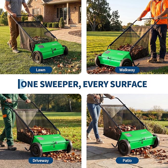 Garvee Push Lawn Sweeper, 26" Leaf & Grass Collector with 7Cu.ft Hopper Bag | Heavy Duty Yard Sweeper with Clear Dust Cover & Large Collection Bag for Leaves, Grass Clippings, for Lawn Yard Cleanup