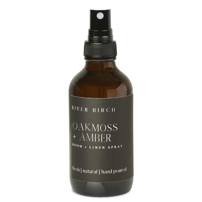 River Birch Oakmoss + Amber Scented Linen and Room Spray | Home Fragrance | 4 oz Glass Amber Bottle | Luxury Signature Scent | Handmade in Texas
