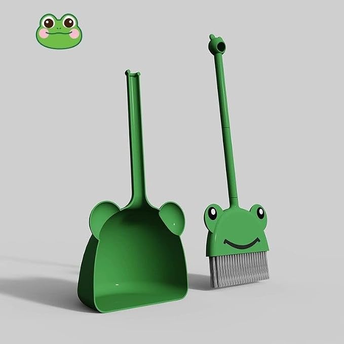 Children's Small Broom Dustpan Set Green Frog Mini Household Cleaning and Pretend Play Set