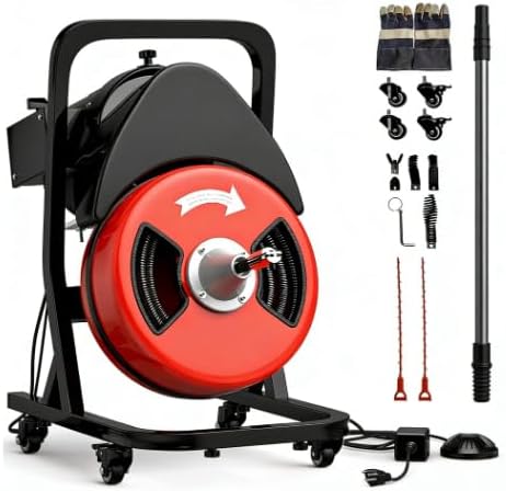 50FTx1/2 Inch Drain Cleaner Machine with Wheels, Sewer Snake Electric Drain for 2" to 4" Pipes, Plumbing Snake Auger Cleaner with 6 Cutter & Foot Switch for Sewer, Sink, Toilet, Bathroom