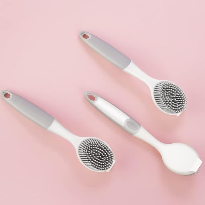 Dish Scrubber, Silicone Soft Bristles Scrub Brush with Scraper Tip, Comfortable Grip Brushes for Kitchen Sink, Pans, Pots, Skillet, Vegetable, Fruit, Potato Cleaning (White/Grey)