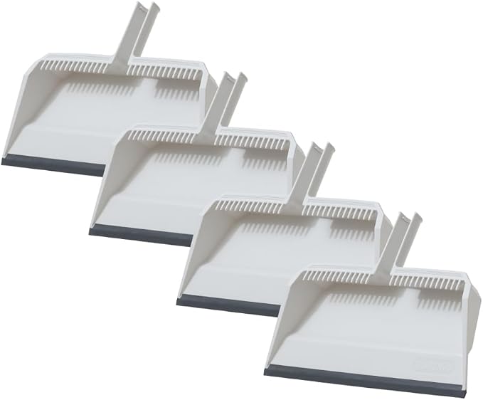 Superio 4-Pack Wide Plastic Dustpan with Comb - 16" Wide, Rubber Lip, Broom Handle Clip, White