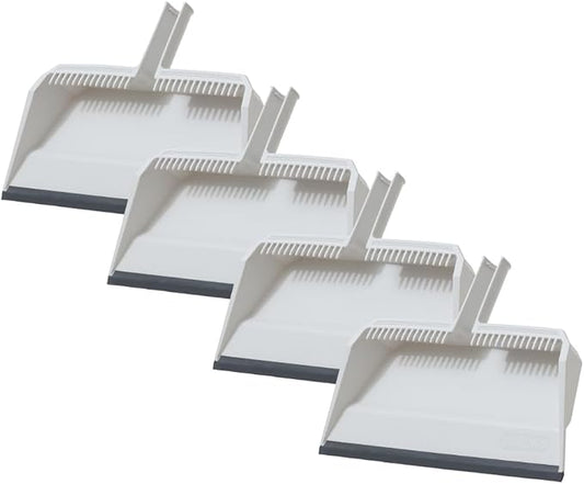 Superio 4-Pack Wide Plastic Dustpan with Comb - 16" Wide, Rubber Lip, Broom Handle Clip, White