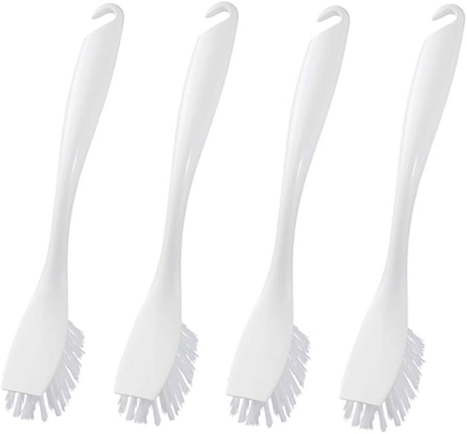 Dishwashing Brush with Hangable Long Handle, Built-in Scraper, Scrub Brush for Dish, Pans, Pots, Kitchen Sink Cleaning - 10 Inch, 4 Pack (White)