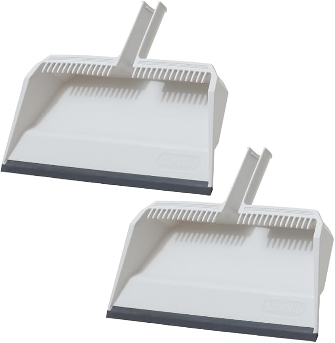 Superio 2-Pack Wide Plastic Dustpan with Comb - 16" Wide, Rubber Lip, Broom Handle Clip, White