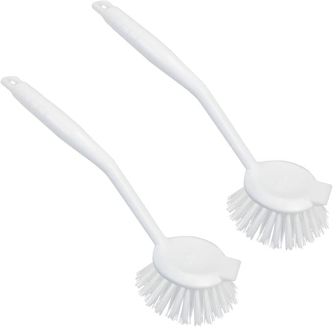 LOLA Dish Brush w/Scraper, 2 Pack, Durable Fiber Non-Scratch Bristles, Ergonomic Non-Slip Grip Handle, for Baked-on & Caked-on Messes