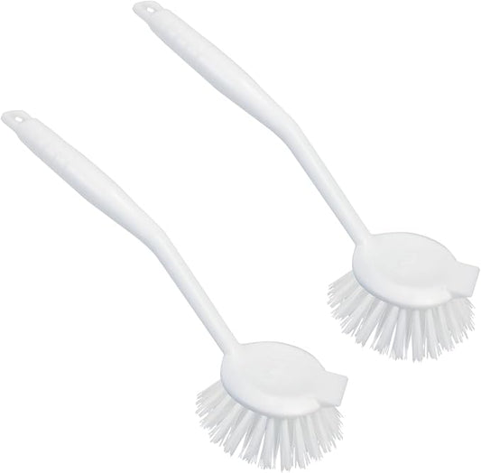 LOLA Dish Brush w/Scraper, 2 Pack, Durable Fiber Non-Scratch Bristles, Ergonomic Non-Slip Grip Handle, for Baked-on & Caked-on Messes
